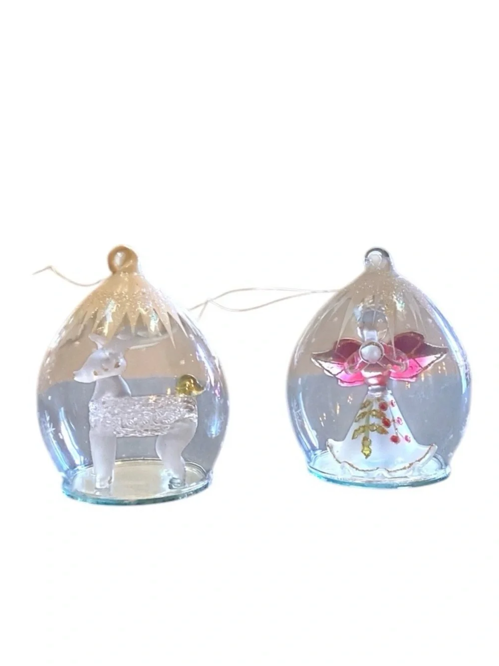Glass Teardrop Angel & Reindeer Christmas Ornaments Pair‎ Hand Painted